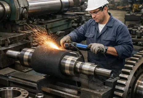 Operador industrial utilizando esmerilhadeira para dar acabamento em um eixo metálico de grande porte em torno mecânico, com faíscas sendo geradas durante o processo, em ambiente de fábrica.